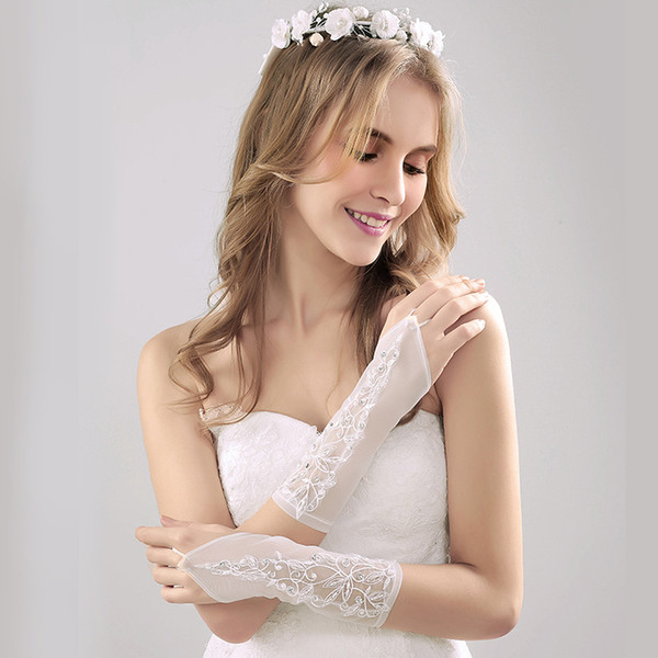 Fairy Long Bridal Gloves Sheer with Applique Pearls Bridal Gloves High Quality Wedding Accessories Cheap Summer Style 2017