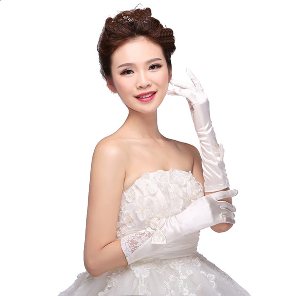 New Arrival Fashion Full Finger Below Elbow Length Appliques Bridal Gloves With Bow Bridal Wedding Gloves For Bride