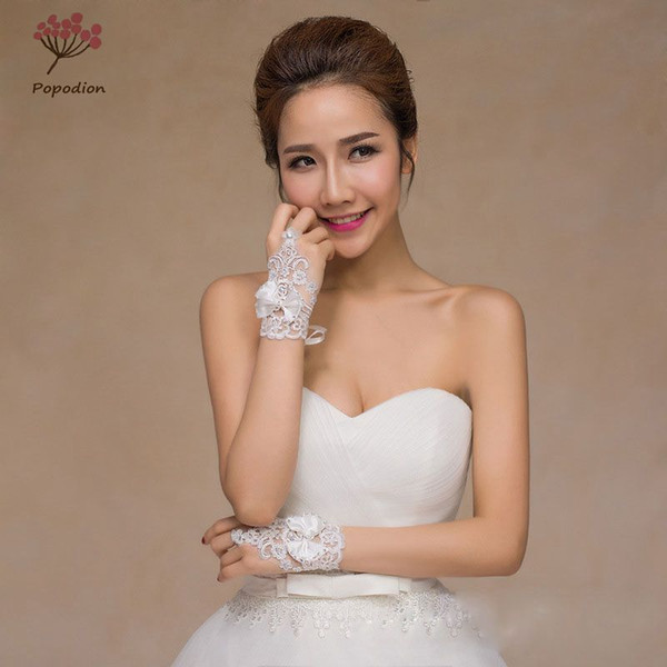 Popodion beaded lace bow-knot bridal fingerless gloves woman wedding gloves wedding accessories gloves for brides dhWAS10005