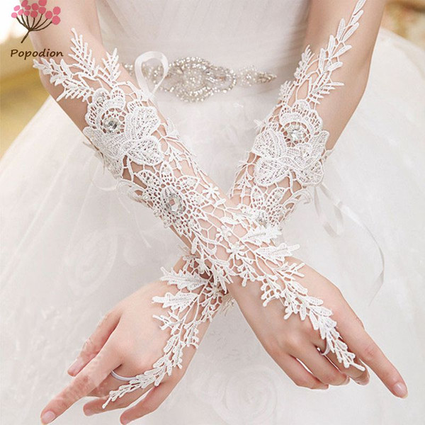 Popodion luvas de noiva lace hollow out bridal fingerless gloves woman long wedding gloves wedding accessories gloves for brides dhWAS10006