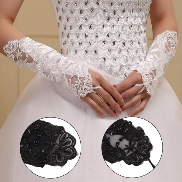 Party Fingerless Lace Satin Short Paragraph Rhinestone Bridal Wedding Gloves