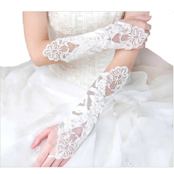 2017 New Arrival Wedding Accessories Long Beading Elbow Length Bridal Gloves Appliques Lace Fingerless Wedding Gloves
