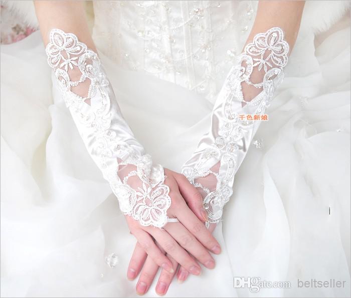 33CM long white Bridal Gloves Bud silk embroidery Wedding jewelry Pure white fingerless gloves free shipping
