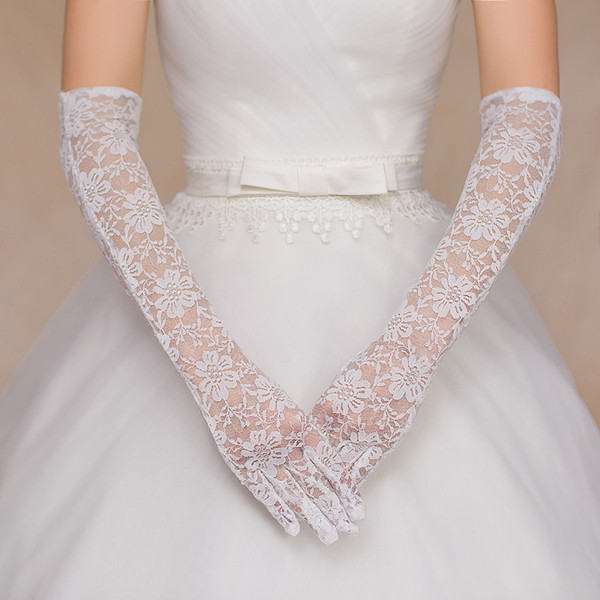 In Stock Free Shipping Ivory and Red Below Elbow Length Lace Full Finger Appliques Beads Gloves Short Bridal Wedding Gloves