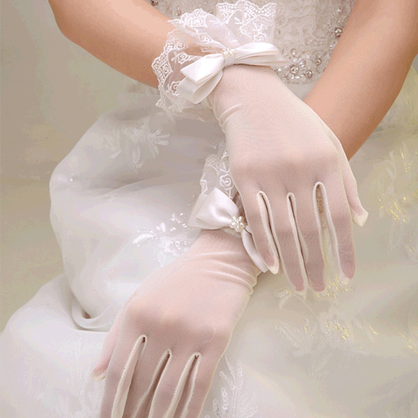 New Arrival Cheap In Stock Lace Appliques Beads Fingerless Wrist Length With Ribbon Bridal Gloves Wedding Accessories