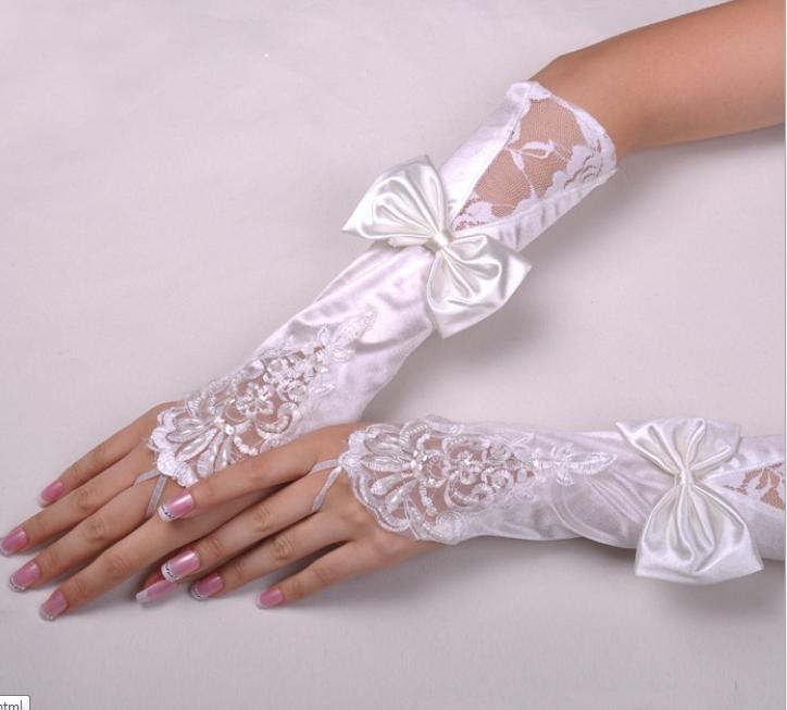 Type-4 1pair Hot white Bridal Gloves Bow Diamond Bud silk embroidery Wedding jewelry Pure white fingerless gloves
