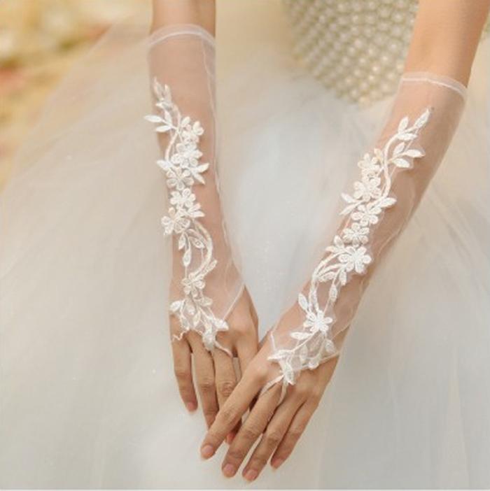 Hot ivory white Bridal Lace Flower Gloves Diamond Bud silk embroidery Wedding jewelry fingerless gloves