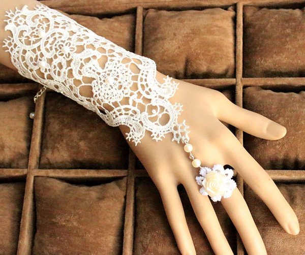 New Design Lace Pearl White/Black Wedding Gloves Bridal Gloves Bow Fingerless Wrist Length Glove Wedding Accessories