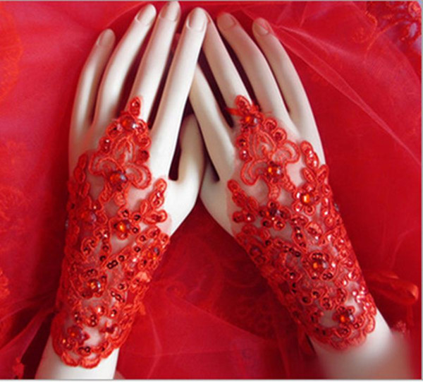 New Arrival Cheap In Stock Lace Appliques Beads Fingerless Wrist Length With Ribbon Bridal Gloves Wedding Accessories