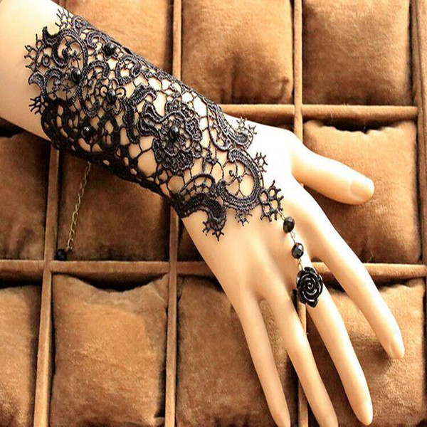 Wholesale-Free Shipping In Stock 1Pair Fingerless Lace Wedding Gloves New Fashion White,Black Bride Bridal Gloves With Ring Bracelet
