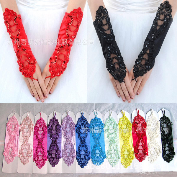 2016 Free Shipping Cheap Long Below Elbow Length Gloves For bride Black Red Fingerless Lace Pearl Beads Wedding Accessories Bridal Gloves