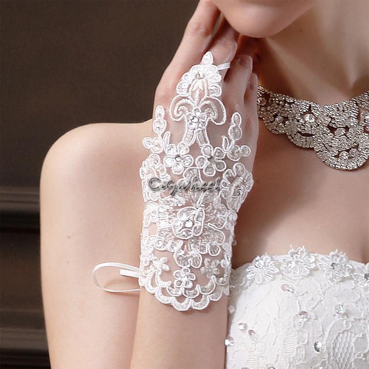 Hot!!Ivory White Fingerless Short Wrist Elegant Rhinestone Satin Lace Bridal Wedding Gloves #4 SV003294