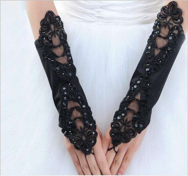 Fashion Below Elbow Length Fingerless Bridal Wedding Gloves Applique Beaded Ruched Banquet Party Women White Ivory Black Red Gloves