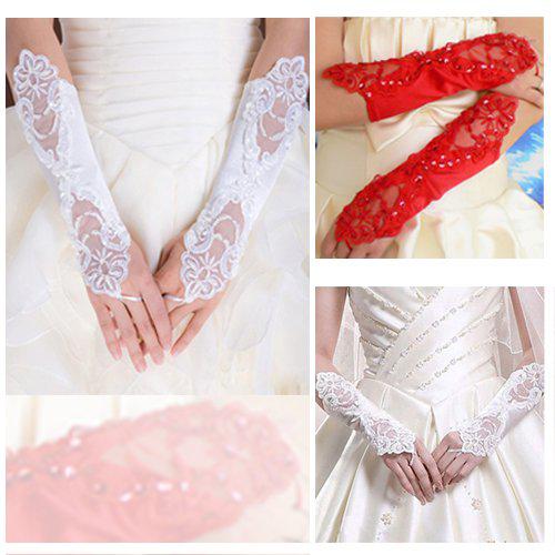 Free shipping White Red Bridal Glove elbow length beaded lace appliques Wedding Gloves Lace No finger Hot Sell