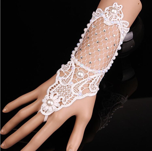 Vintage Bridal Lace Gloves Fingerless Crystal Pearl Lace Gloves for Women Bridesmaid Wedding Party Dress Accessories