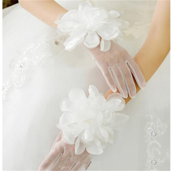 New Princess Bridal Gloves with Flowers Romantic Finger Wedding Accessories Stock Elegant White/Ivory Wedding Gloves