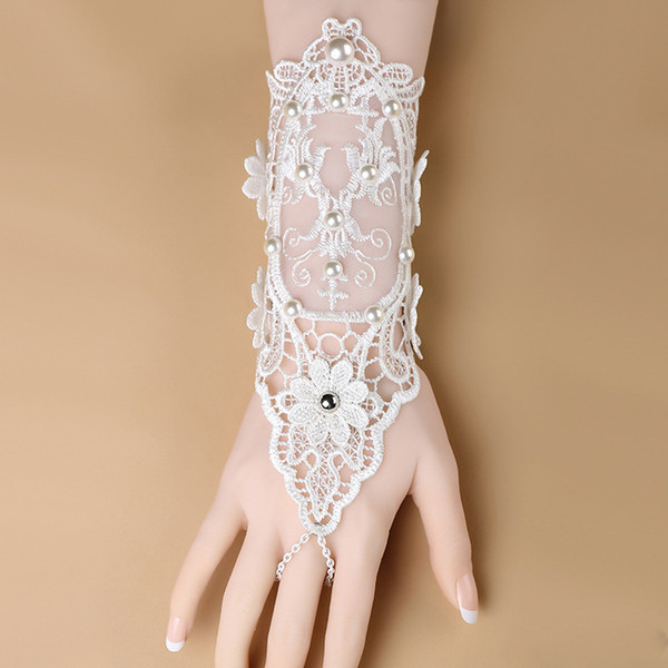 Vintage Lace Short Bridal Gloves Pearls Wrist Length Fingerless Wedding Accessories Gloves with Chain for Girls Party Accessories