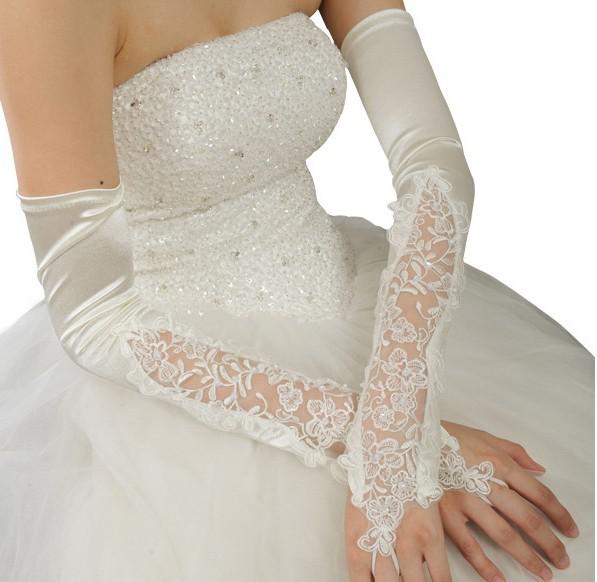 2017 White Ivory Wedding Party Fingerless Pearl Lace Satin Bridal Gloves