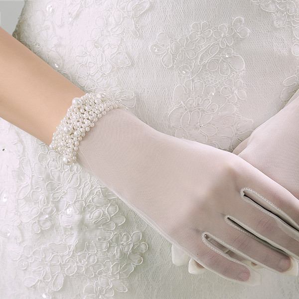 Bridal Gloves Wrist Length Beads Full Finger Short Gloves for Party Evening Weddings Bridal Accessories In Stock