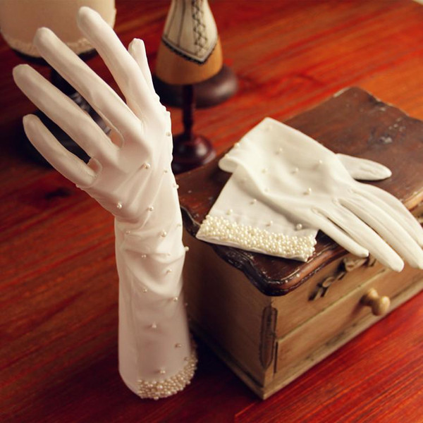 Ivory Full Finger Long Bridal Gloves Handmade Transaprent Beaded Edge Wedding Gloves Bridal Accessories White Laced Gloves New 2016