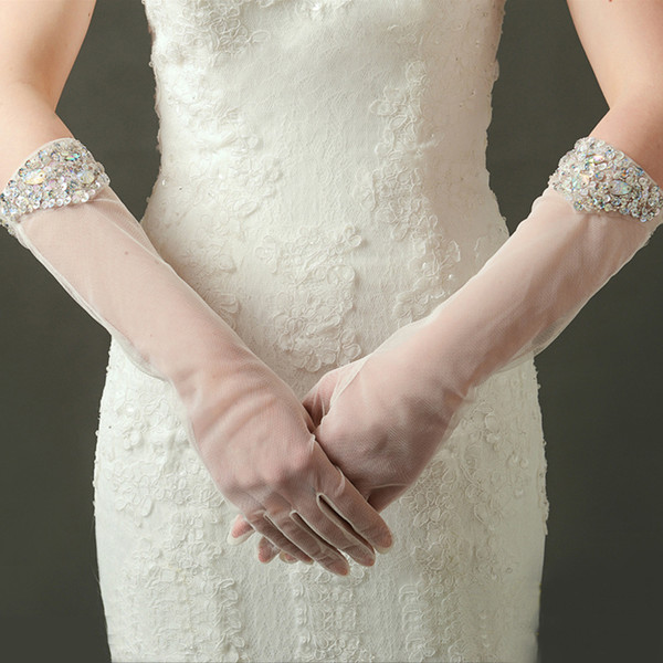 New Arrival Hot Style Wedding Events Bridal Accessories Bridal Gloves Below Elbow Length Beige Sheer Rhinestone Beads