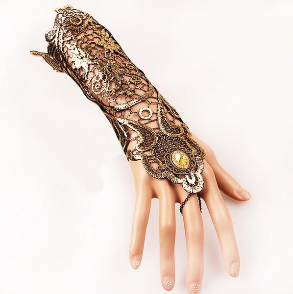 Gold Lace Bride Gloves Middle Length Sexy Unique Bridal Wedding Hands Accessories Ring Finger Women Gloves for Party Prom