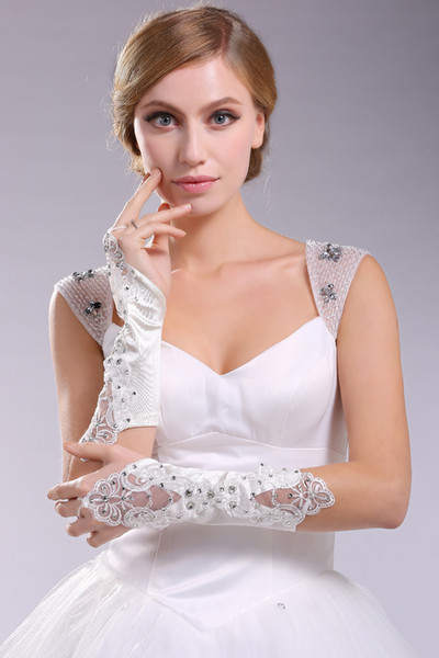 Short Lace Bride Bridal Gloves Wedding Gloves Beaded Crystals Wedding Accessories Lace Gloves for Brides Fingerless Below Elbow Length
