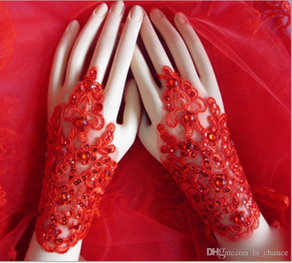 New Arrival Cheap In Stock Lace Appliques Beads Fingerless Wrist Length With Ribbon Bridal Gloves Wedding AccessoriesIn Stock Free Shipping