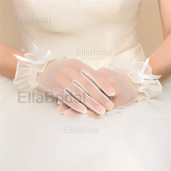 Elegant White Ivory Short Soft Tulle Bow Bridal Gloves Sheer Wrist Length Full Finger Wedding Accessories Prom Party Evening Ceremony Glove