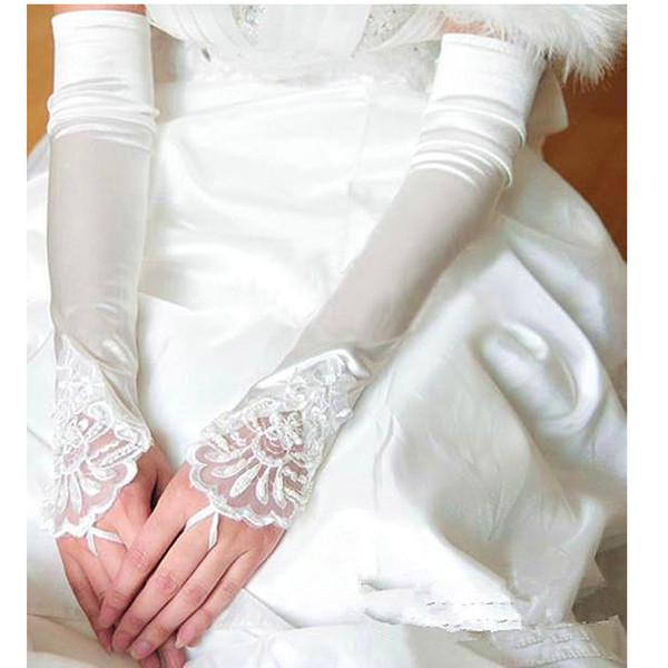 2019 Newest Above Elbow Length Wedding Gloves Fingerless Satin Lace Appliques Beads Wedding Dress Accessories Bridal Gloves