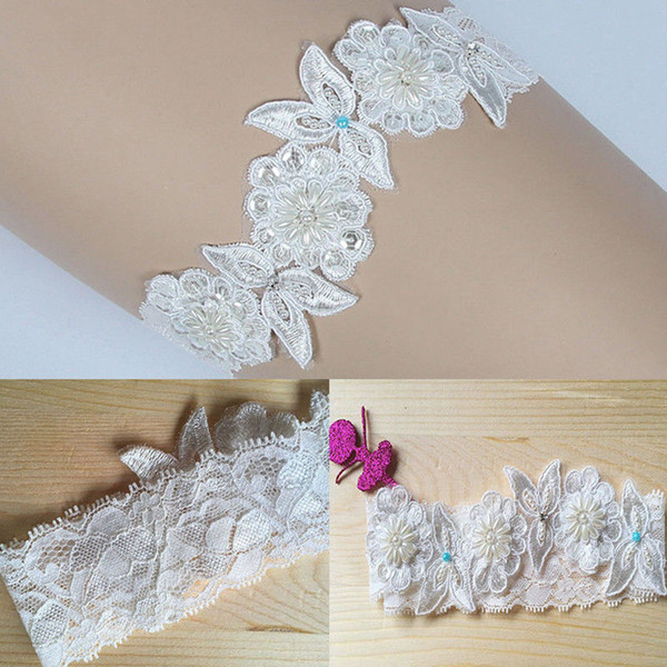 Luxury Lace Bridal Garter, Something Blue Pearl, Flower Beaded Wedding Bride