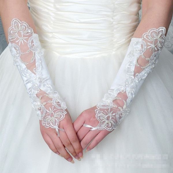 Wholesale price bride wedding dress decorated gloves fingerless on satin stitch beads white factory direct spot