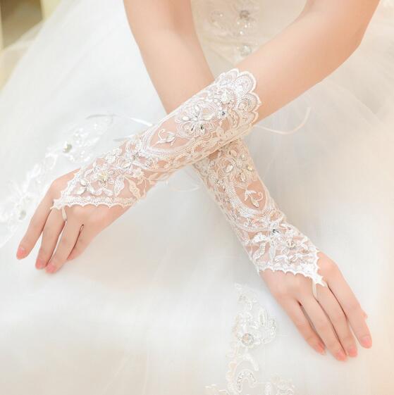 Bridal Gloves Fingerless Ivory Lace Gloves Bridal Accessories Beaded Wedding Gloves White Lace free shipping HT75