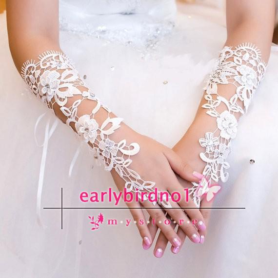 Fingerless Sequins Rhinestone Bridal Gloves Sheer Lace Wedding Gloves