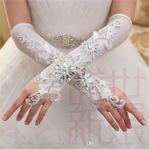 Fast Shipping Elegant Gorgeous Elbow Length Lace crystal Fingerless Appliqued Elastic Bridal Gloves Long Beading Wedding Gloves