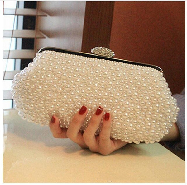 Women Pearl Shoulder Handbag Diamonds Clutch Wedding Bridal Party Prom Purse Shell Evening Bag Bridal Accessories for wedding Silver Wraps