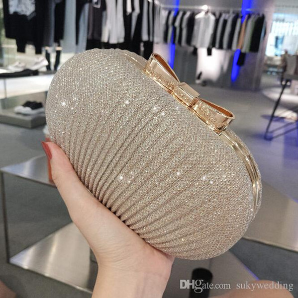 Sparky Pleated Women Bridal Hand Bags For wedding Gold Evening Clutches Chain Bag Applique In Stock Bridal Bags Party Blingbling