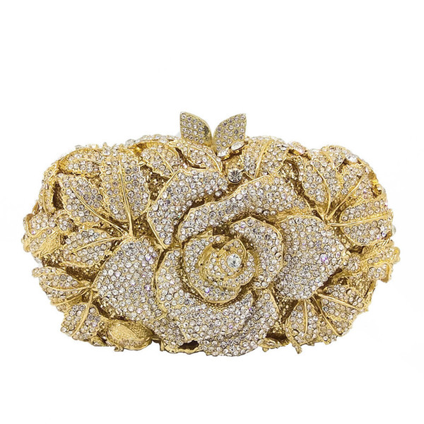 Women Rose Clutch Bag Ladies Rhinestone Evening Bags Female Party Rose Wedding Purses Handbags 6 Colors