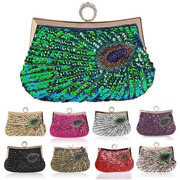 9colors Beaded Peacock Bridal Clutch Purse Handbag Wedding Clutches Evening Bags Totes Clutches Beaded Handbag Sliver Bridal Clutches