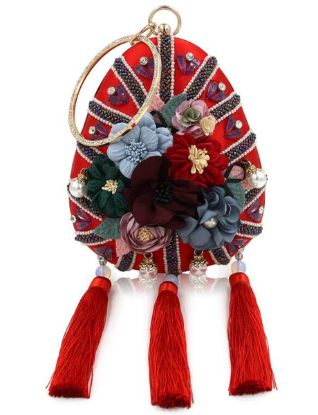 New 2019 Water Drop Dinner Bag Flowers Bead Handbags High-grade Pearl Inserted Drill-tassel Evening Dress Women's Bag China Red