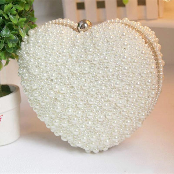 Women Heart Shape Pearl Beaded Evening Bag Bridal Purse Wedding Shoulder Bag Cell Phone Pouch