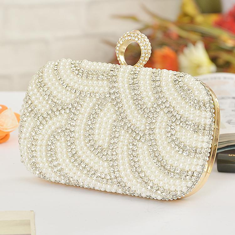 Hand Bags Pearl Evening Bag Diamond Gold Clutch Gorgeous Bridal Wedding Party Chain Free Shipping