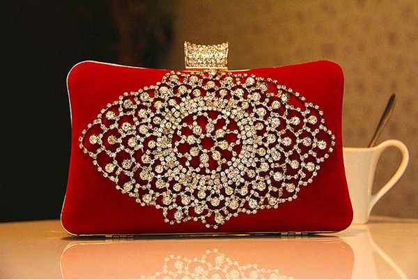 Fashion Ladies Bridal Hand Bags Crystal Rhinestone Designer Red Black Flowers Stain Metal Evening Clutch Bag Shoulder Makeup Kit Box Purse