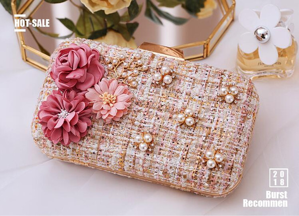 Handbag 2018 Female New Arrival Banquet Bag Bridal Hand Bags Dinner Party Single Shoulder Small Square Tweed Bag with Flowers Pearls