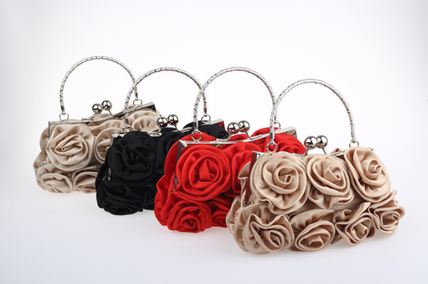 Women Satin Rose Pure Color Handbag Evening Bags Wedding Handbags new hot Sweet Lady Hand Pull Rose Bag Dinner Bag Bridal Bag