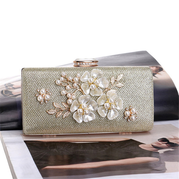 Handbag 2018 Female New Arrival Banquet Bag Bridal Hand Bags Dinner Party Single Shoulder Small Square Tweed Bag with Flowers Pearls