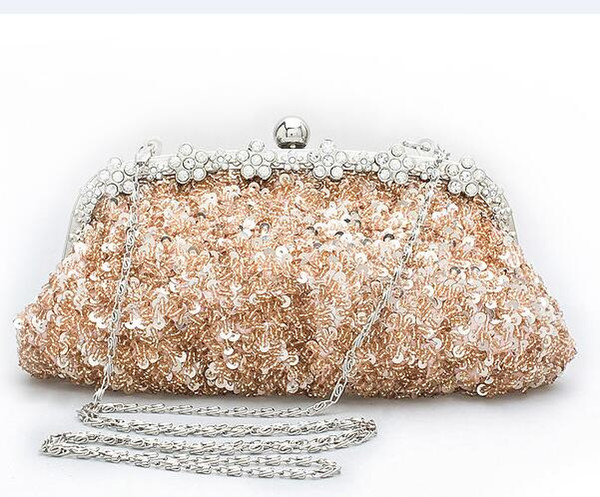 2018 New fashion champagne beaded women handbag elegant evening bag bling bling clutches rhinestone sequins handbag for bridal