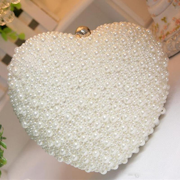 2018 Heart Shape Pearl Beaded Evening Bag Day Clutches Bridal Clutch Purse Wedding Chain Shoulder Bag Cell Phone Pouch