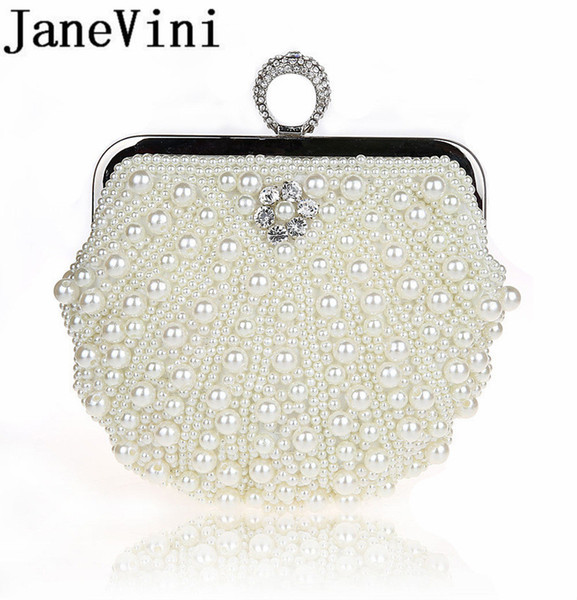 JaneVini Shell Bag Women Pearls Evening Handbags Ivory Shiny Crystal Bridal Wedding Party Clutch Bags With Chain Wallets 2019 New Style