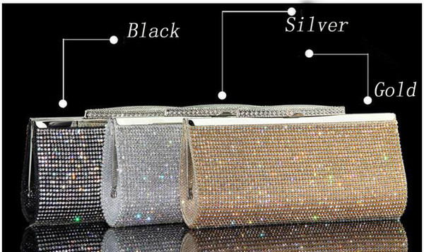 Bling Silver/Gold/Black Diamond Womem 22.5*11cm Wedding Bridal Party Hand Bags 2017 Rectangle Clutched High Quality